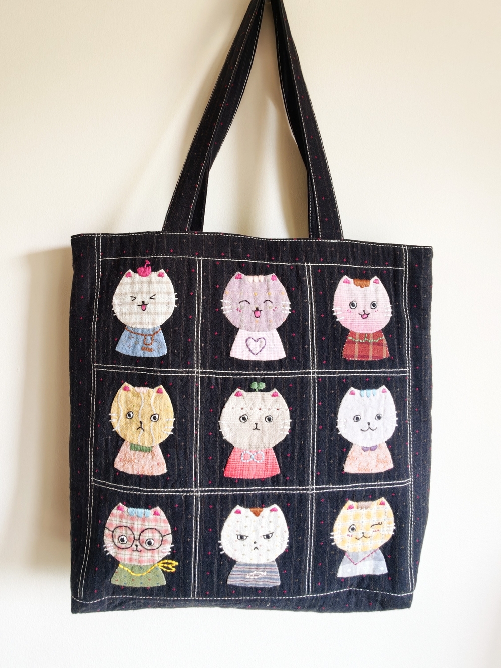 Handcrafted Black Cat Patchwork Tote Bag, Boho Slouchy Shoulder Bag